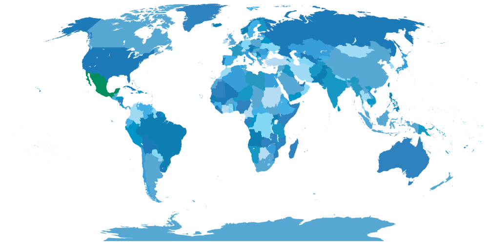 Wereldkaart met Mexico aangegeven in het groen